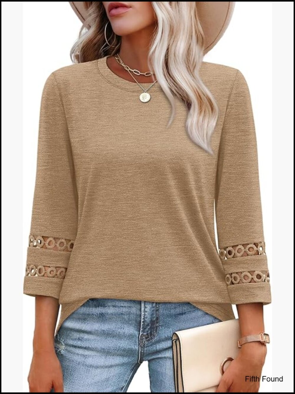 3/4 Length Sleeve Crewneck T-Shirt Loose Fit Casual Top